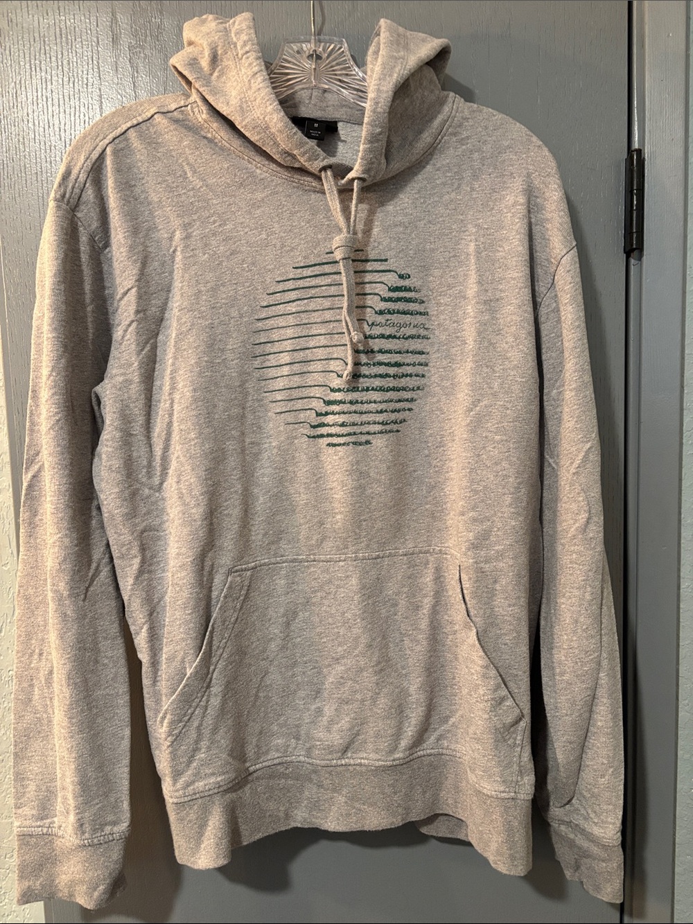 Patagonia Gray Hooded Sweatshirt with Green Circular Graphic, Sz. Medium